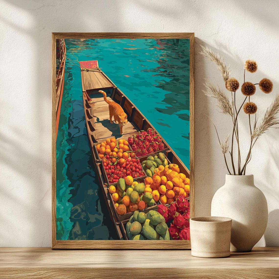 Bangkok Floating Market Orange Cat Fruit Boat River Art Poster