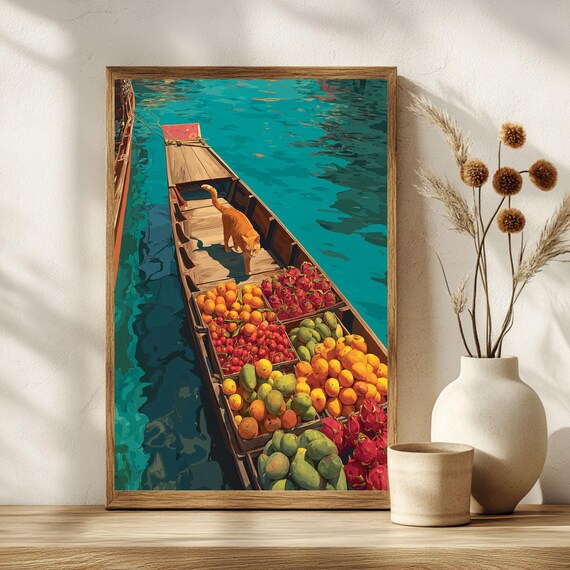 Bangkok Floating Market Orange Cat Fruit Boat River Art Poster