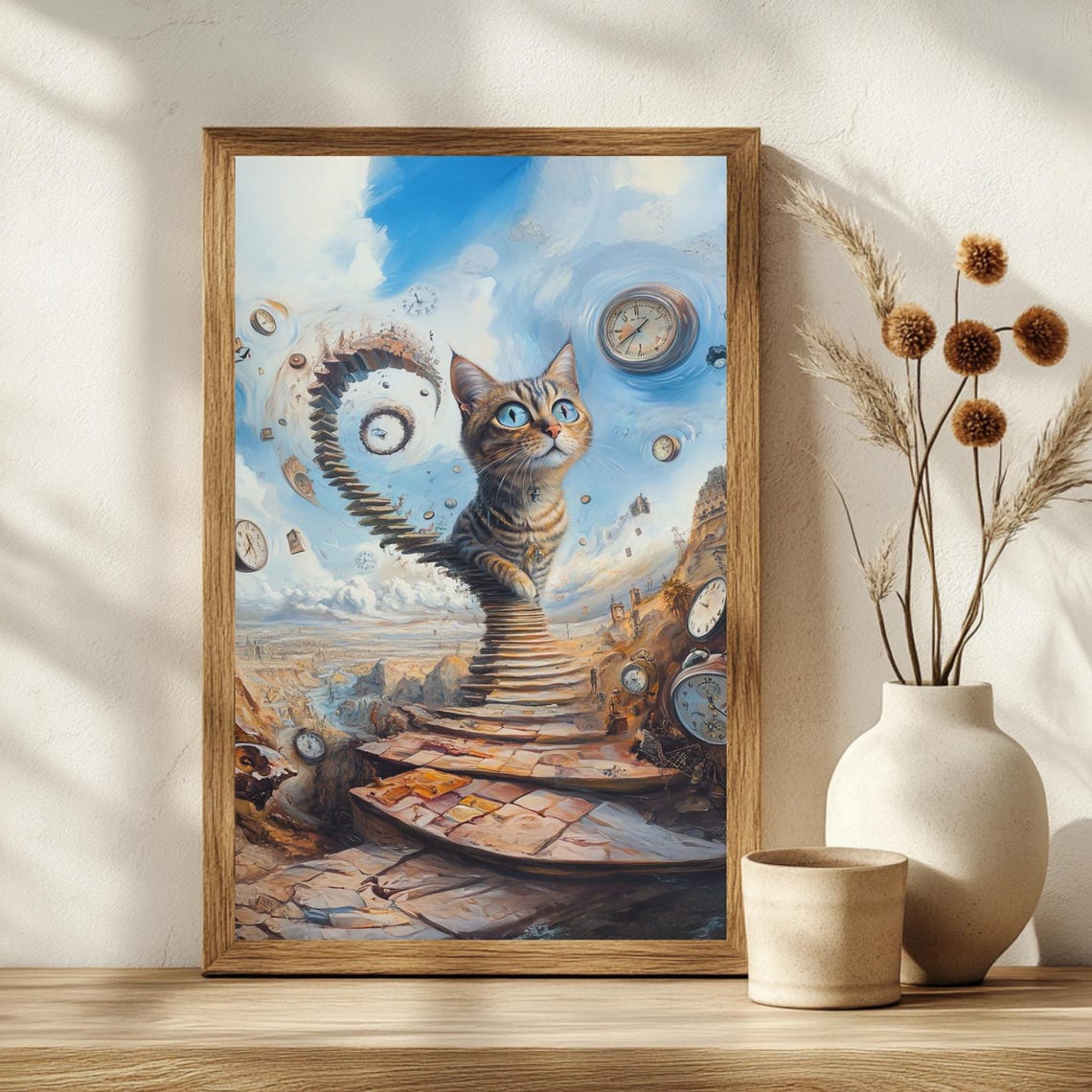 Surreal Dream Cat Spiral Staircase Melting Clocks Dali Style Poster - Image 2