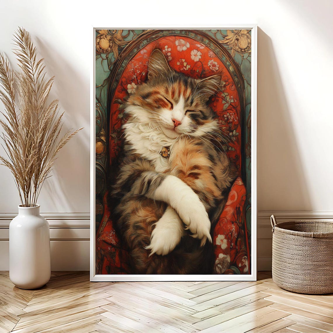 Sleeping Long Haired Cat Art Nouveau Style Floral Arch Poster - Image 3