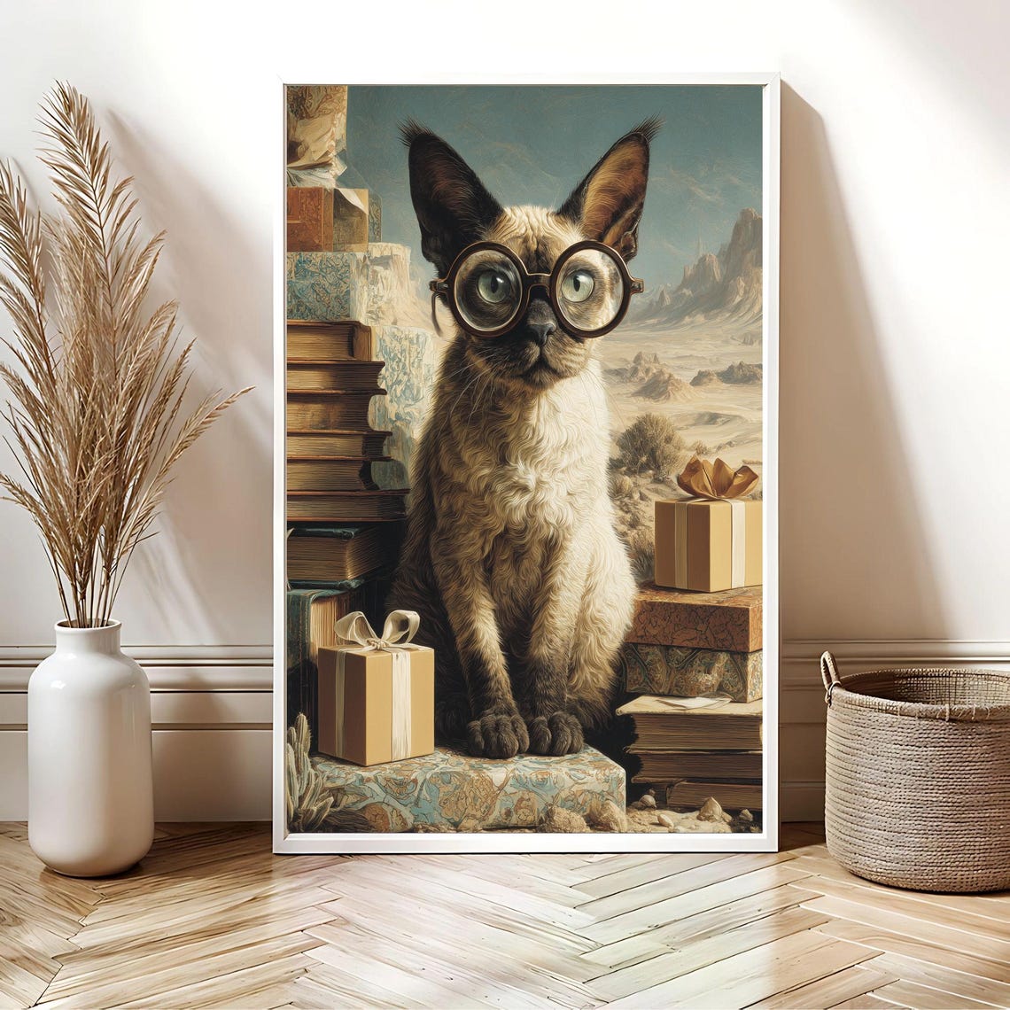 Surreal Dali Style Siamese Cat Glasses Desert Dream Books Poster - Image 2