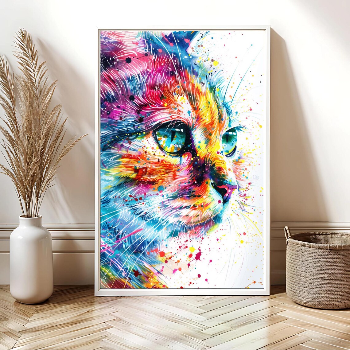 Colorful Watercolor Cat Portrait Splatter Paint Modern Art Poster