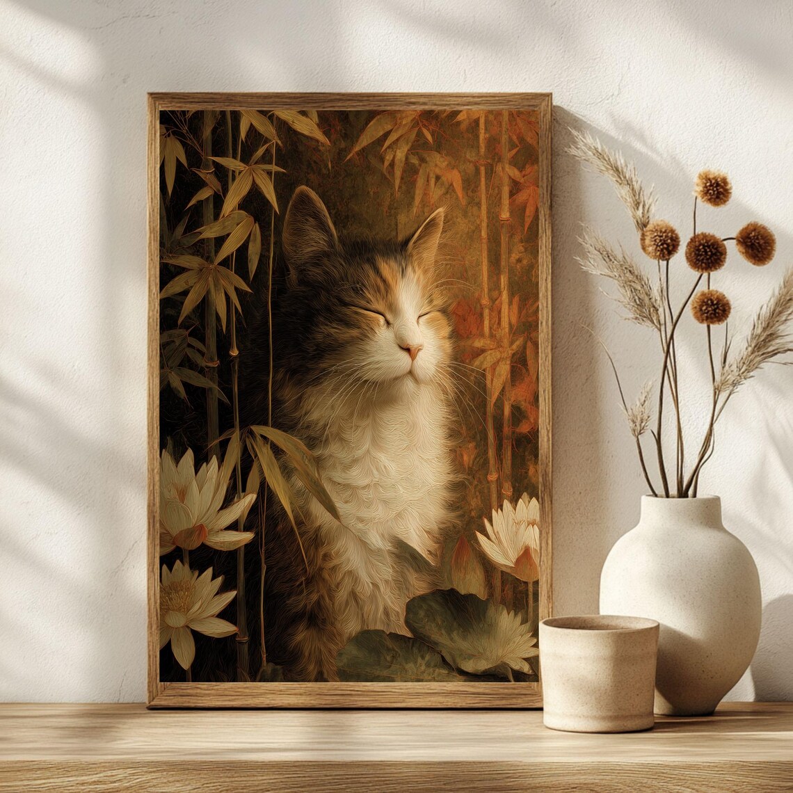 Sleeping Cat Among Golden Bamboo Lotus Blossoms Zen Art Poster