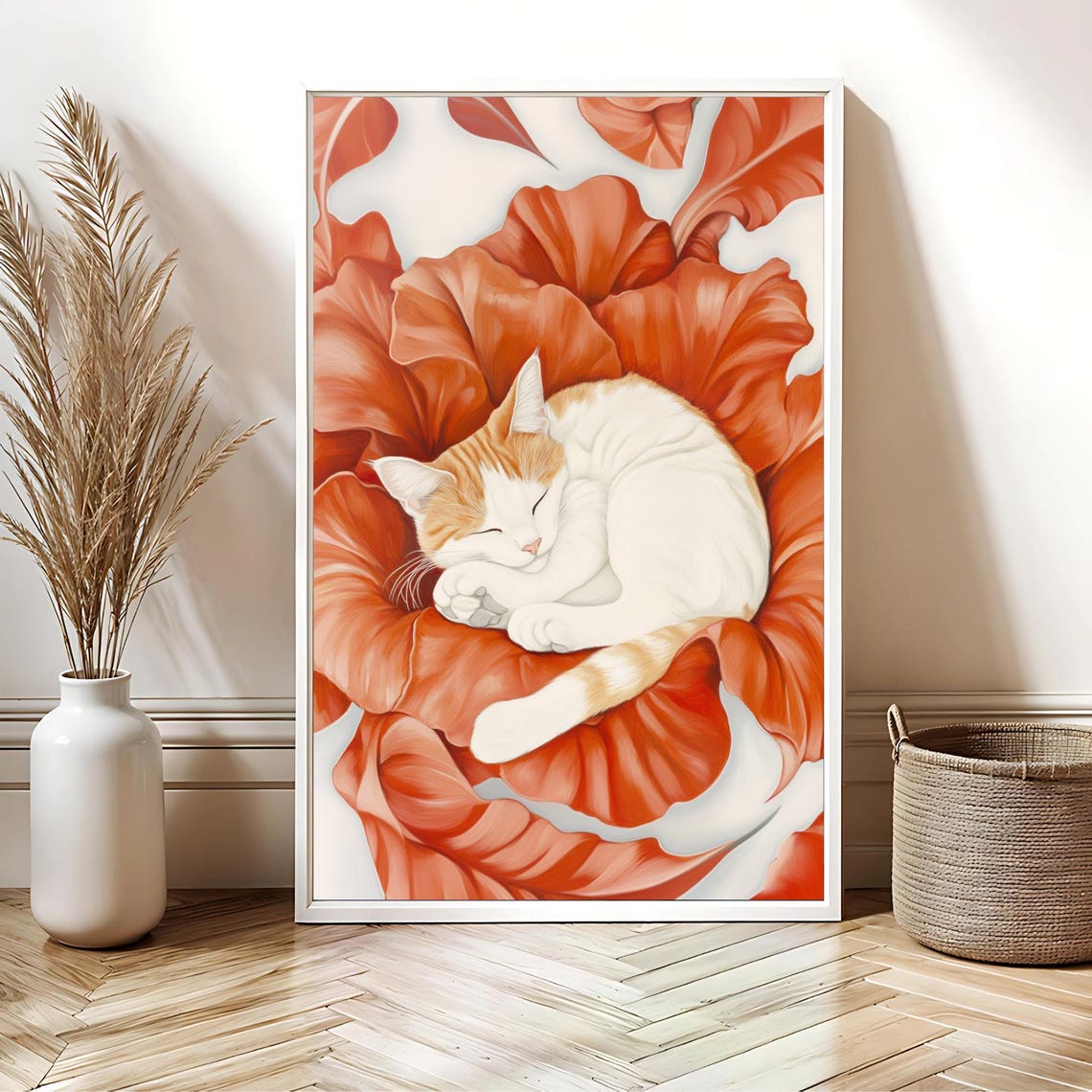 Sleeping Cat Curled in Giant Coral Flower O Keeffe Style Poster - Image 3