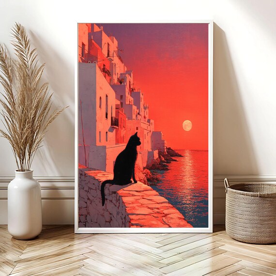 Santorini Sunset Black Cat Silhouette Red Sky Coastal Art Poster