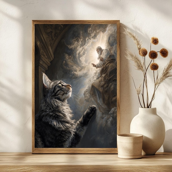 Tabby Cat Meets God Michelangelo Sistine Chapel Style Poster