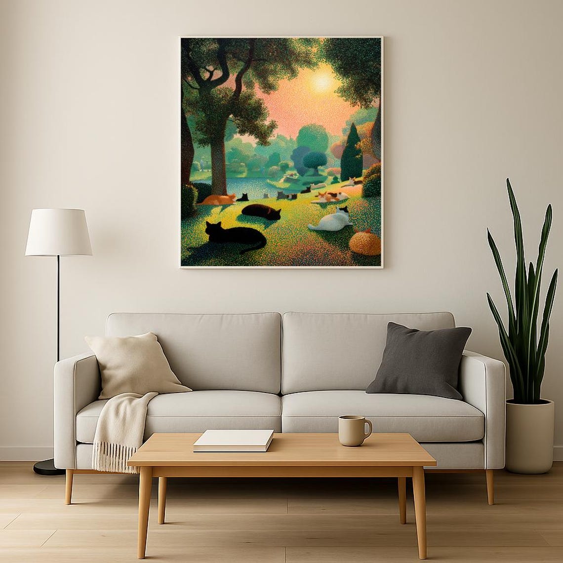 Lazy Cats Lounging in Sunny Park Seurat Style Pointillist Poster - Image 2