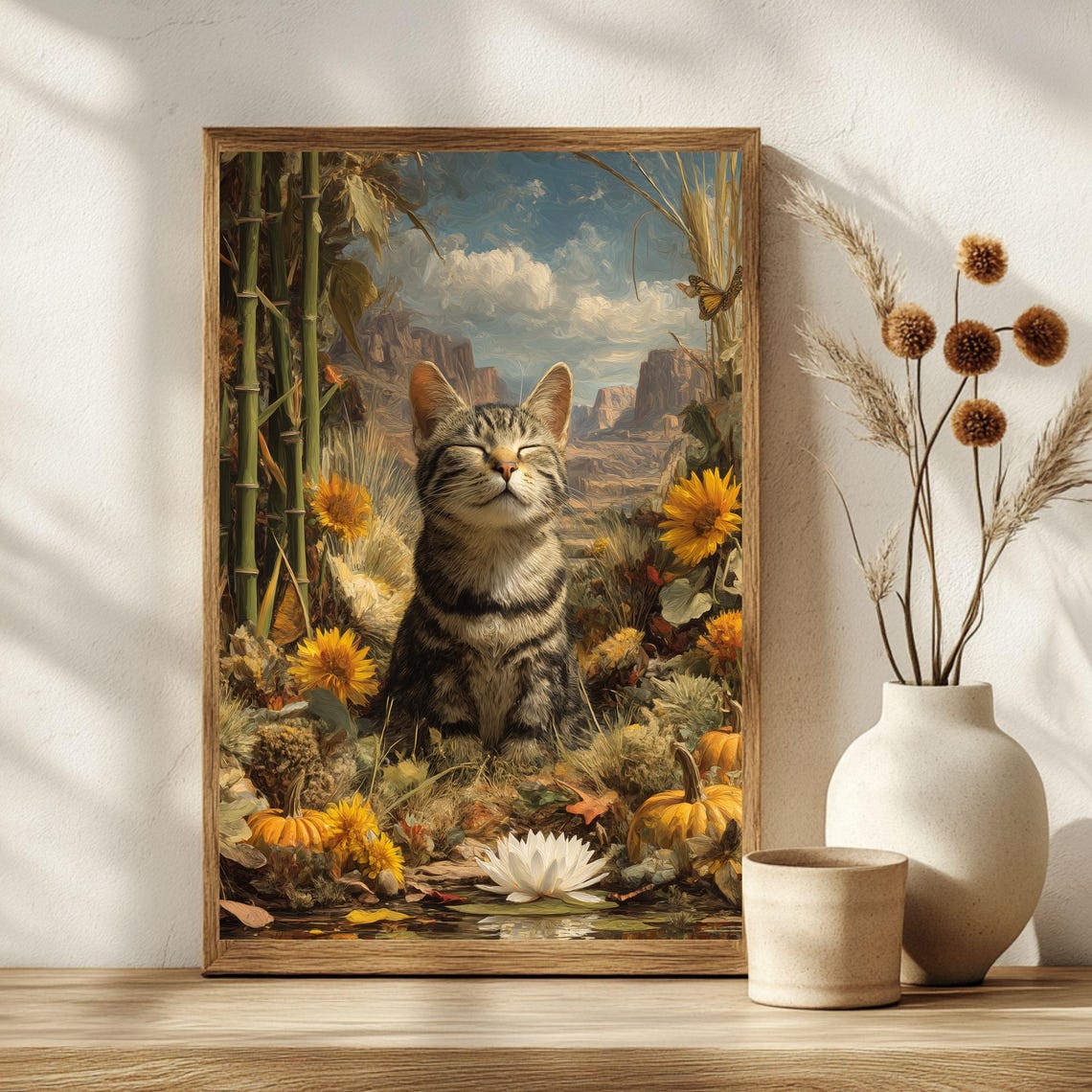 Serene Meditating Tabby Cat in Autumn Sunflower Garden Poster - Image 3