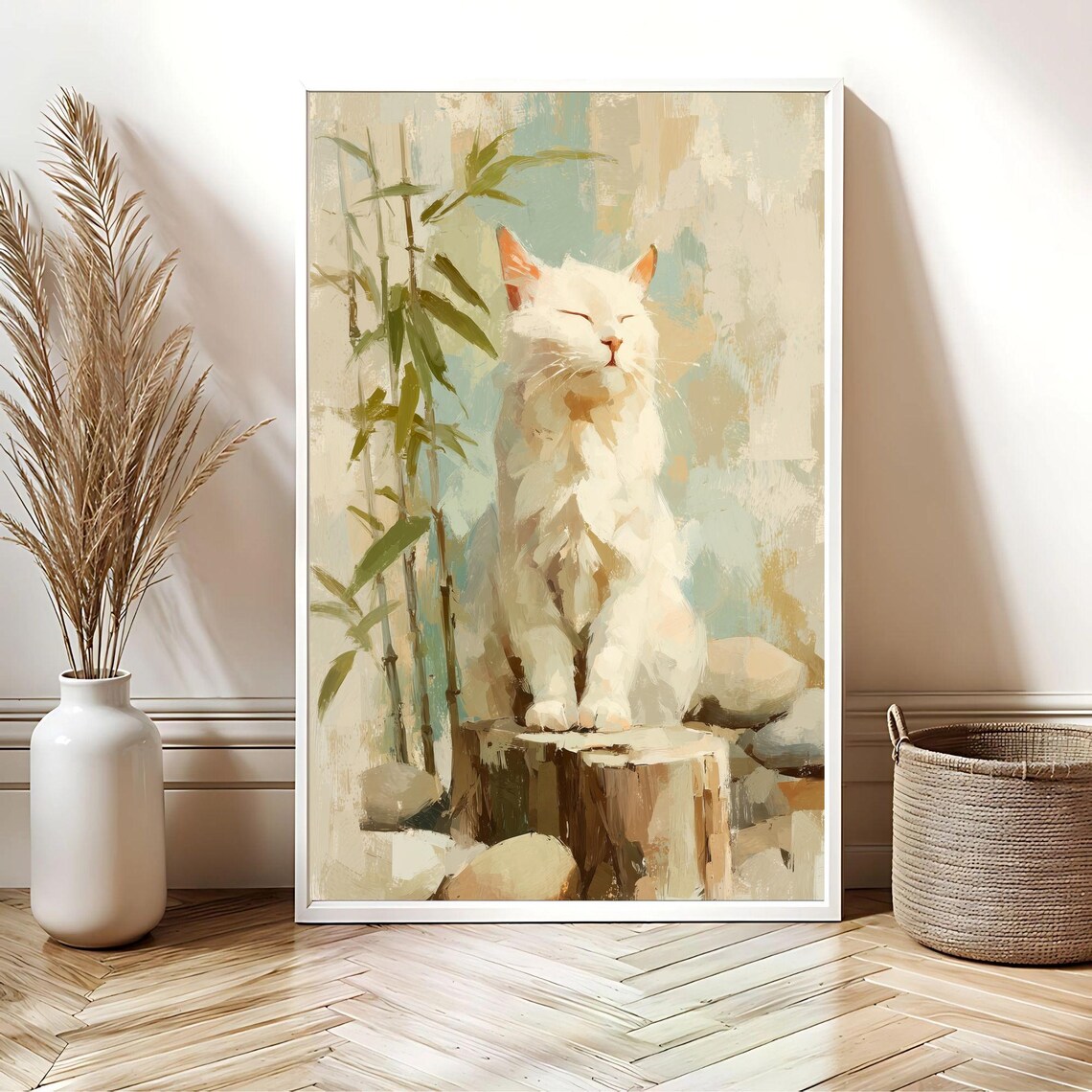 Meditating White Cat Bamboo Garden Serene Zen Painting Poster - Image 2