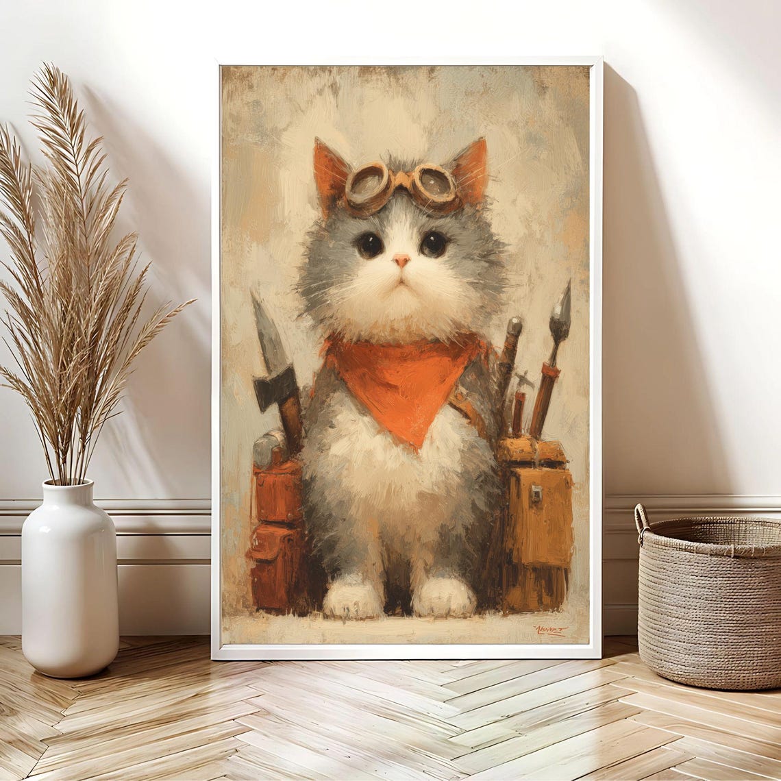 Steampunk Cat Art Print Pilot Oil Painting Poster Lover Gift Whimsical Decor Zombie Fighter Funny - Image 2