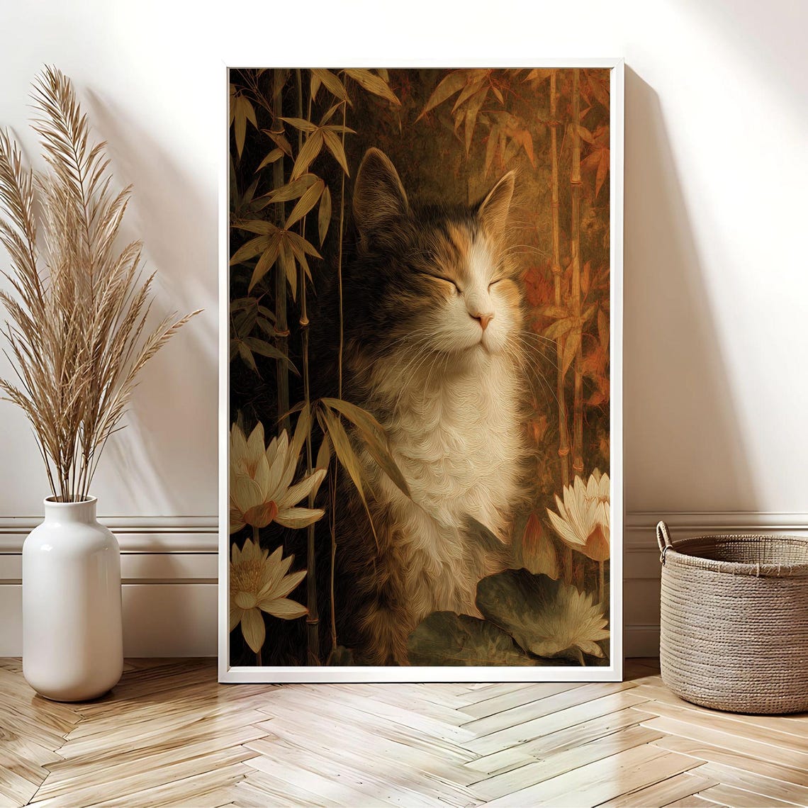 Sleeping Cat Among Golden Bamboo Lotus Blossoms Zen Art Poster - Image 2