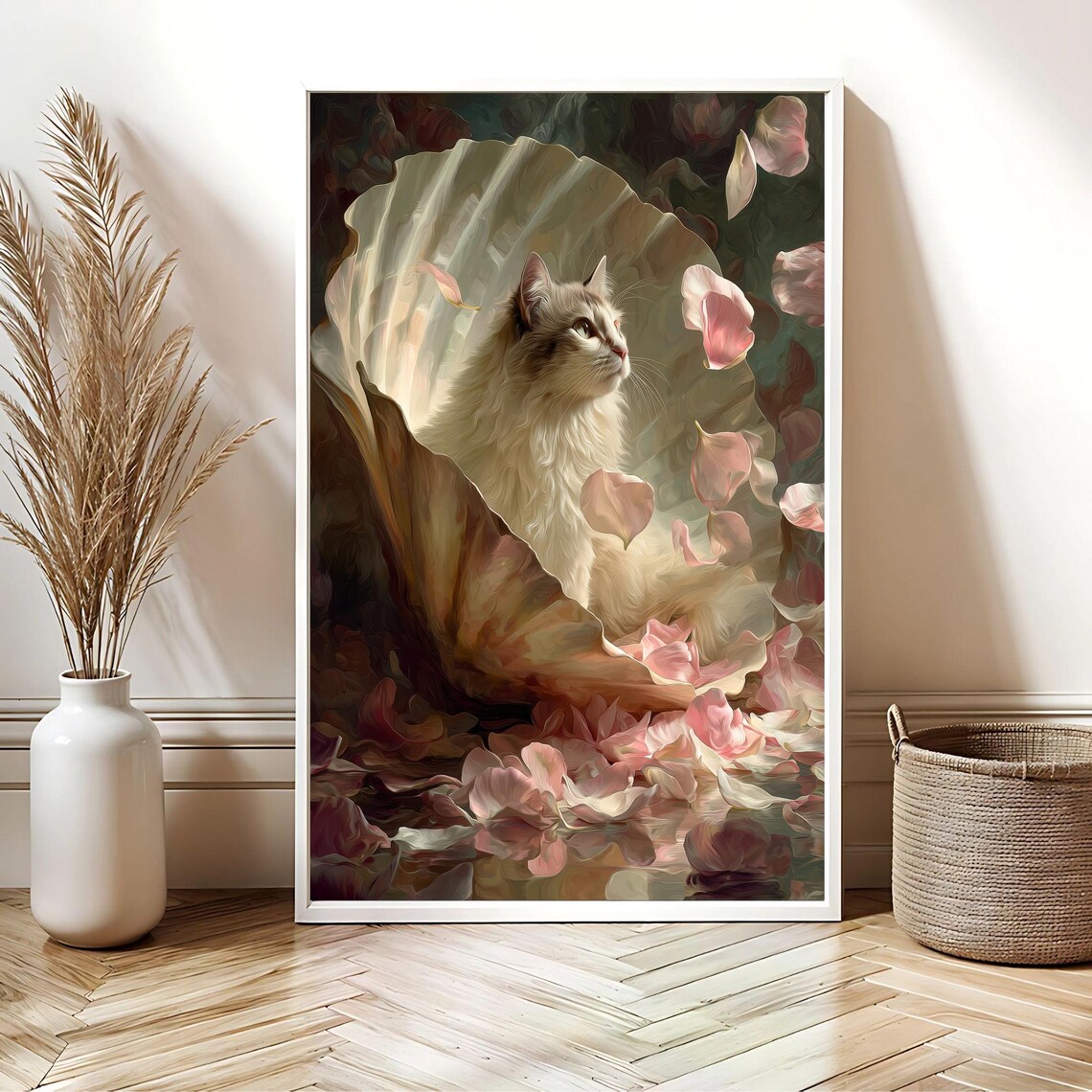 White Cat in Seashell Botticelli Birth of Venus Parody Poster - Image 2