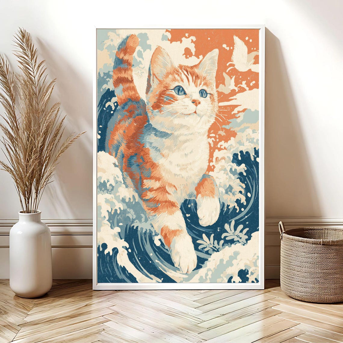 Orange Kitten Riding the Great Wave Hokusai Style Cat Poster - Image 2