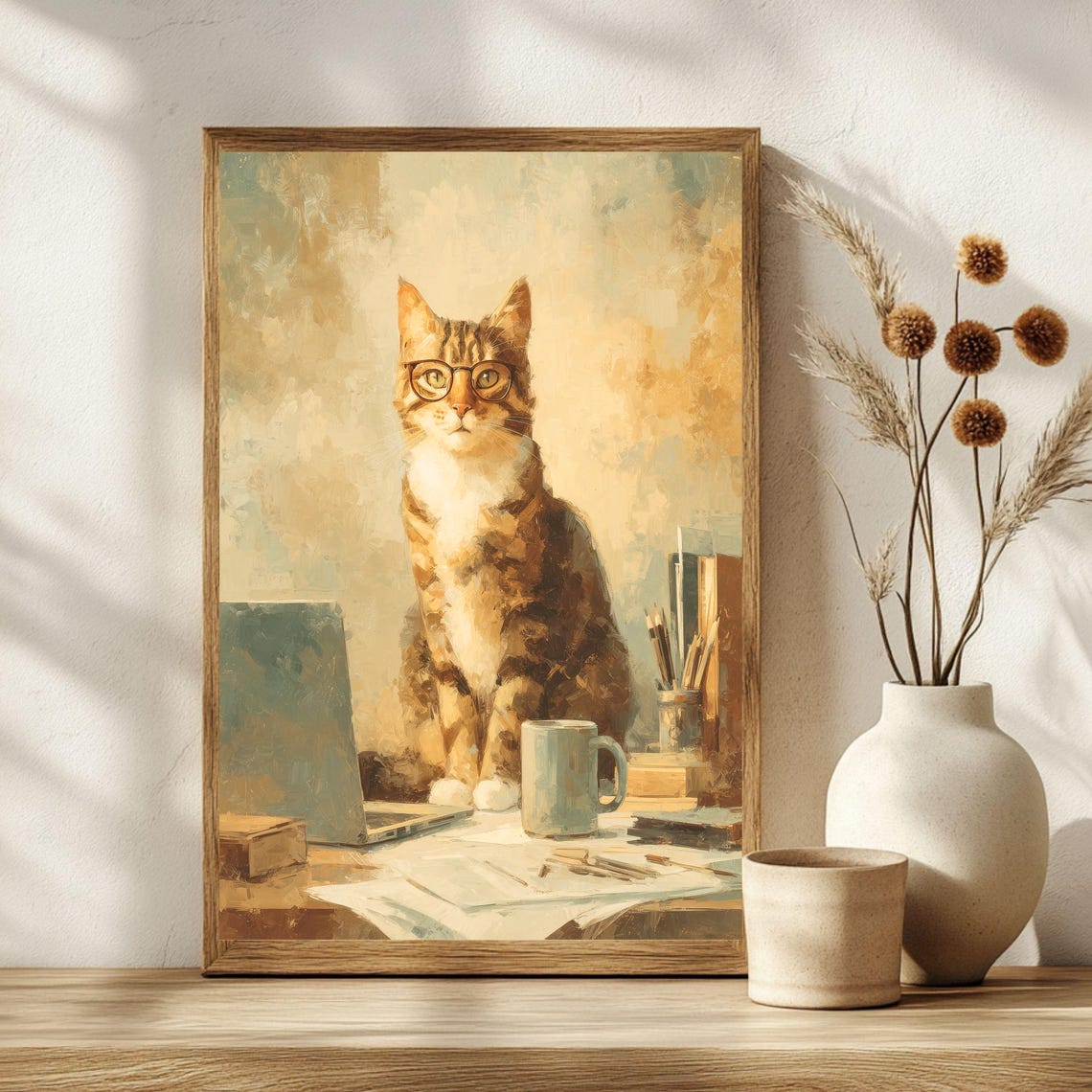 Distinguished Boss Cat in Round Glasses Laptop Desk Art Poster - Image 2