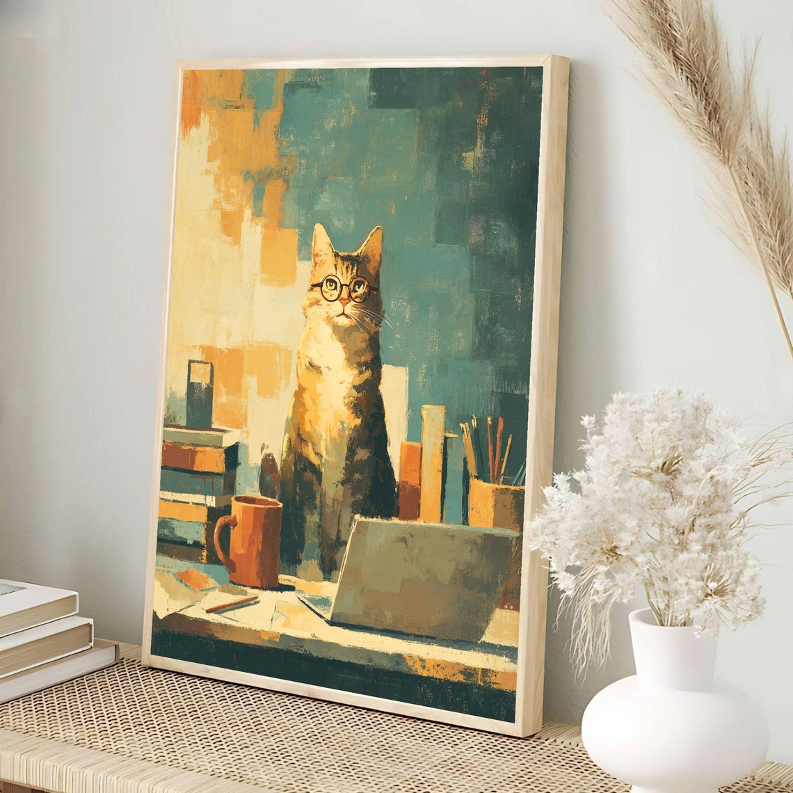 Funny Remote Work Cat in Glasses Laptop Desk Freelancer Poster - Image 3