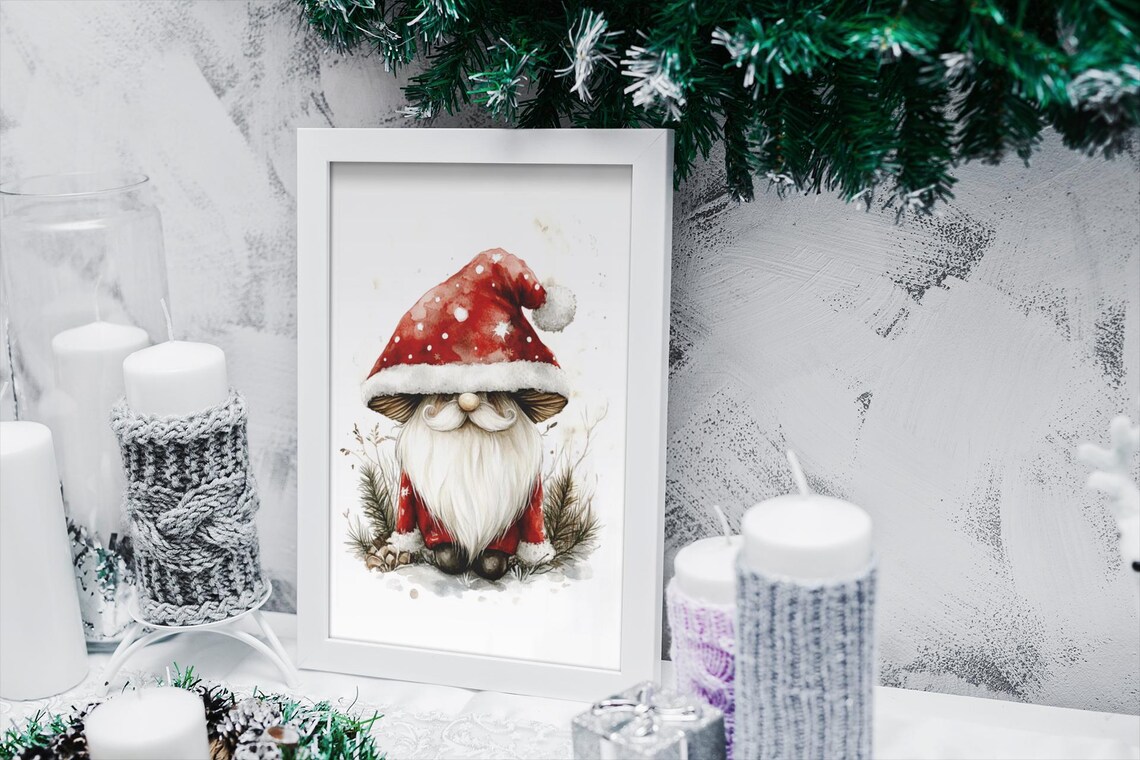Santa Hat Christmas Gnome Watercolor Cute Holiday Art Poster - Image 2