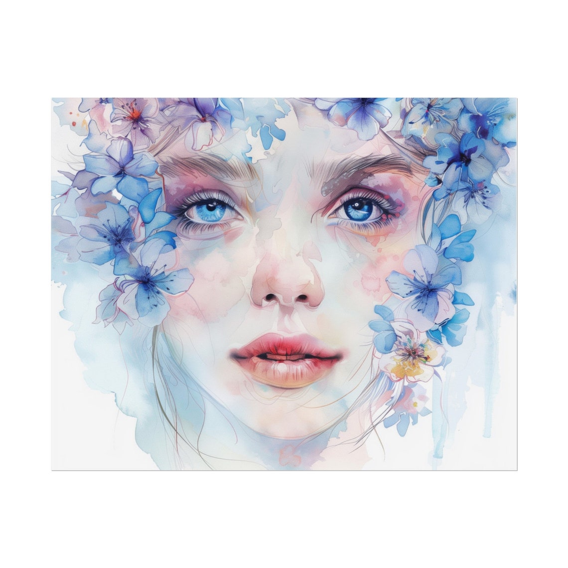 Beautiful Blue Floral Painting Watercolour Flower Art Female Portrait Print Drawing Abstract Wall Poster Flower Girl - Image 2