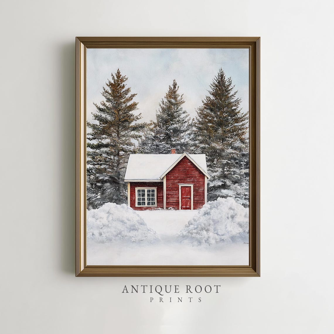 Red Cabin In Snowy Pine Forest Cozy Winter Farmhouse Rustic Art Poster
