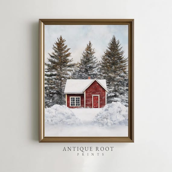 Red Cabin In Snowy Forest Realistic Winter Painting Cozy Rustic Scandinavian Farmhouse Art Snowladen Pines Instant 214