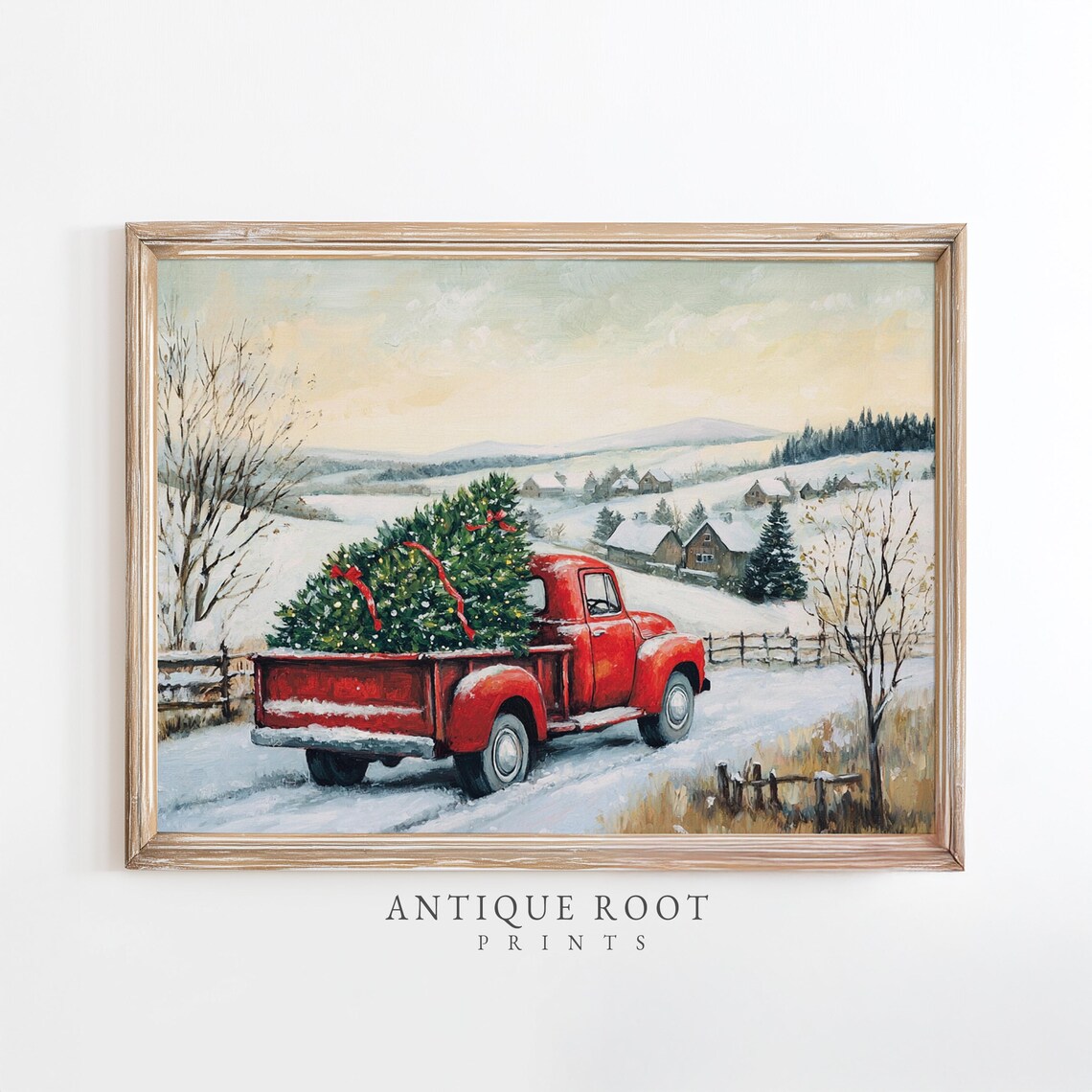 Vintage Red Pickup Truck Christmas Tree Snowy Farm Holiday Poster