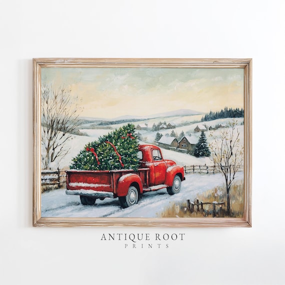 Vintage Red Pickup Truck Christmas Tree Snowy Farm Holiday Poster