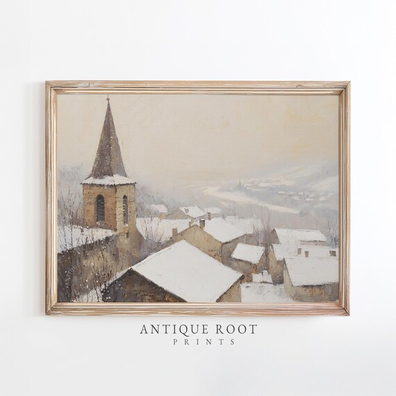 Winter Wall Art Snowy Village Vintage Church Scenery Moody Serene Decor Rustic Impressionist Artwork 196