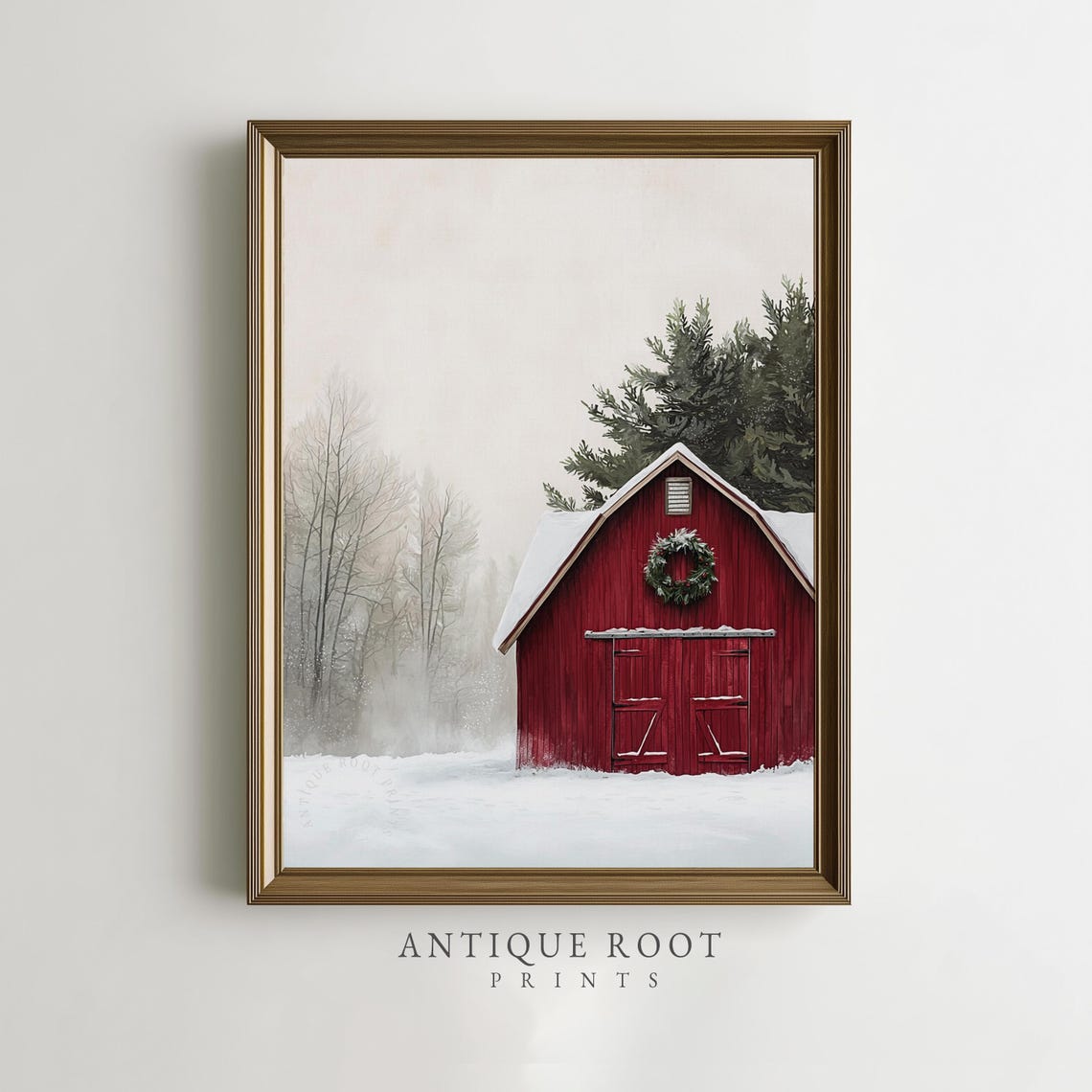Red Barn In Snow With Christmas Wreath Poster Winter Farmhouse Scene