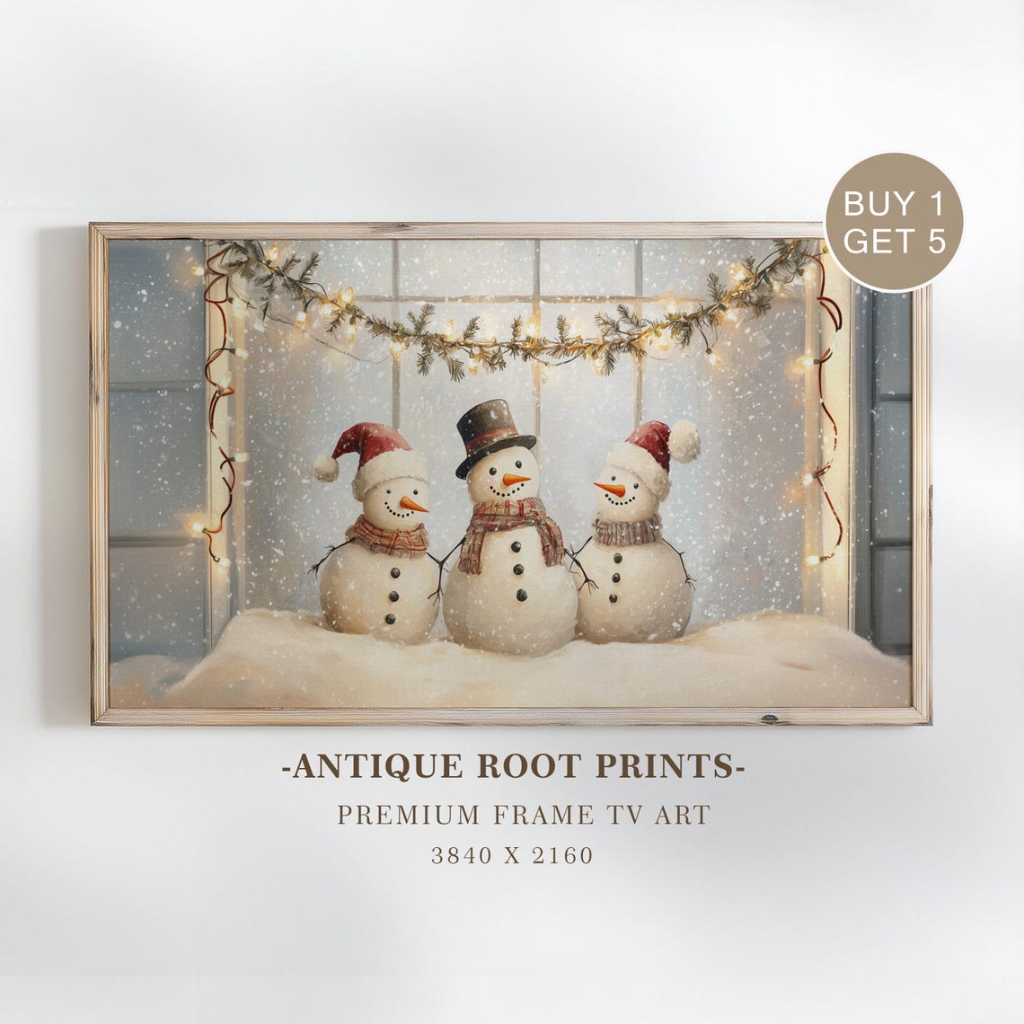 Three Cute Snowmen In Falling Snow Vintage Holiday Christmas Wall Art