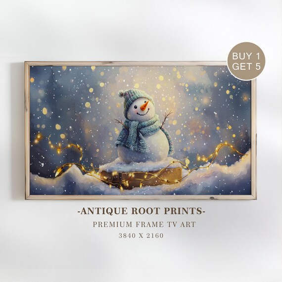 Cozy Cute Snowman Twinkling Lights Winter Night Painting Poster