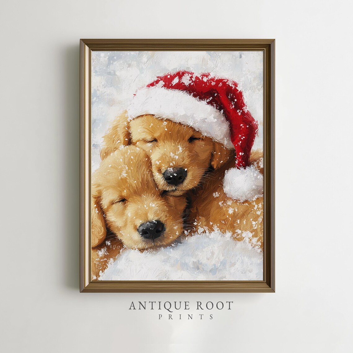 Golden Retriever Puppies Snow Santa Hat Christmas Art Poster