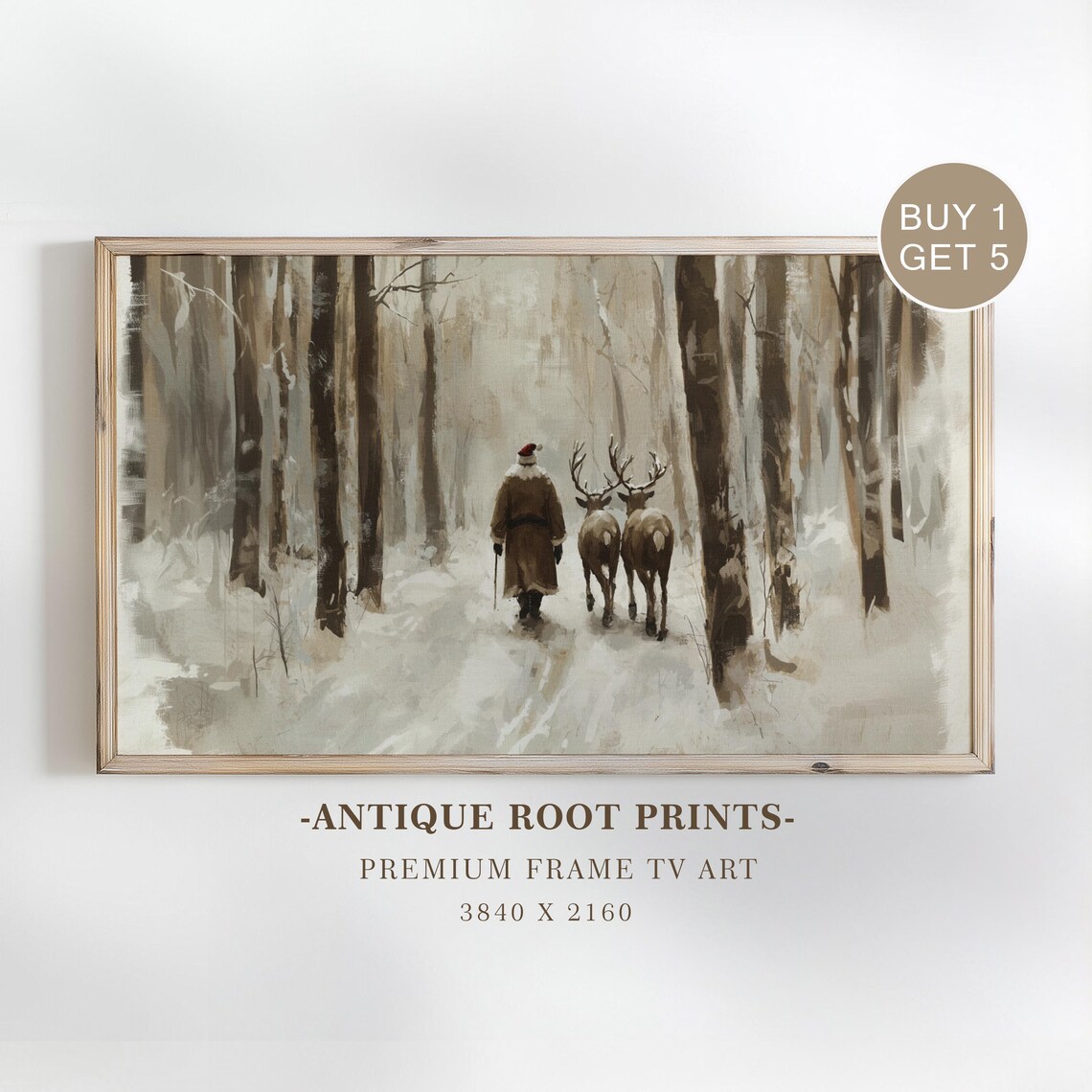 Santa Walking With Reindeer In Snowy Forest Vintage Art Poster