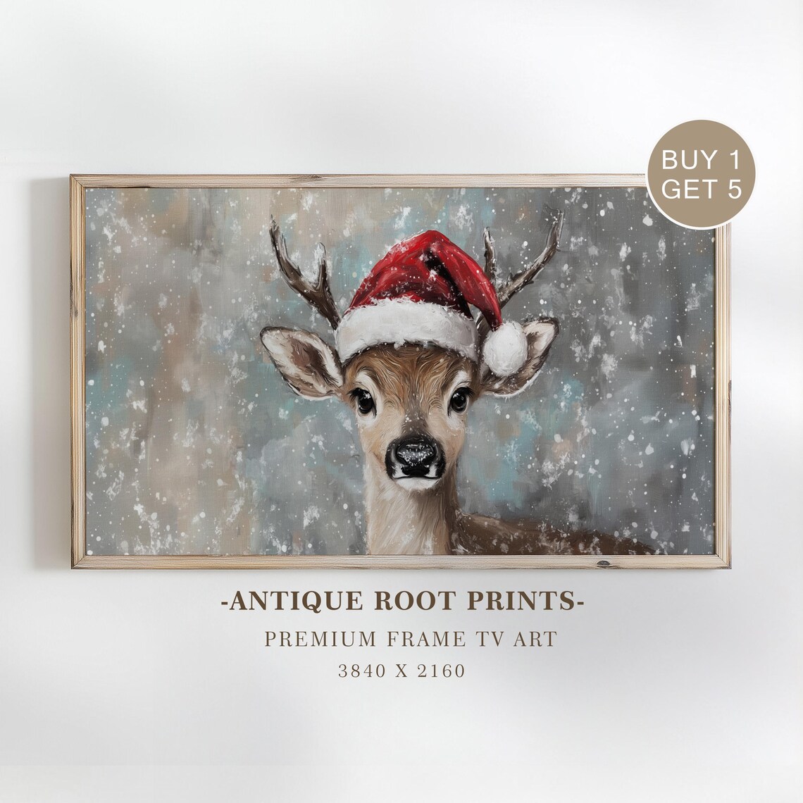 Cute Reindeer Santa Hat Snowfall Winter Holiday Vintage Christmas Poster