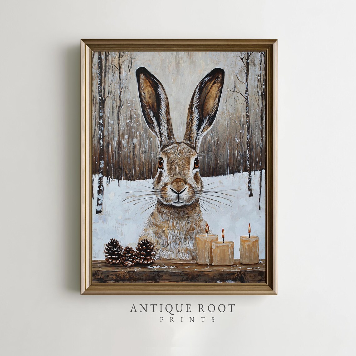 Rustic Winter Wall Art Cozy Rabbit Portrait In Snowy Forest Textured Painting With Birch Trees 222