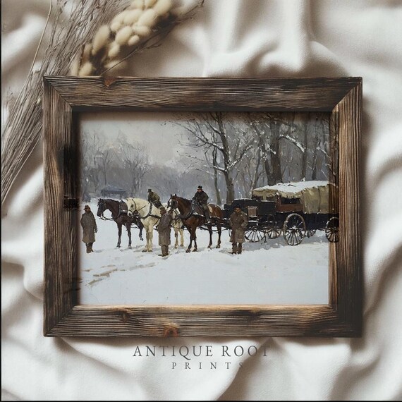 Vintage Winter Horsedrawn Wagon Art Print 19thcentury Wall Rustic Moody Historical Pastoral