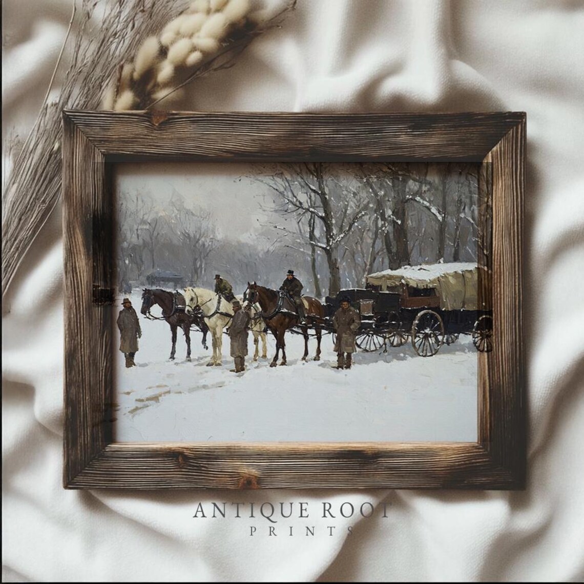 Horse Drawn Wagon In Snow Vintage 19th Century Winter Scene Print