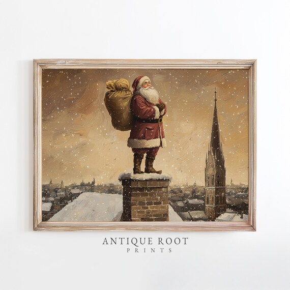 Classic Santa Claus On Chimney Snowy Night Vintage Christmas Poster