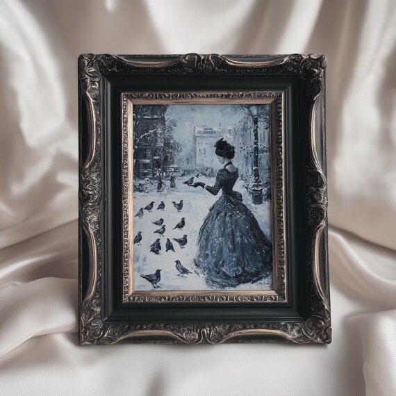 Victorian Lady Feeding Pigeons Snowy Street Antique Blue Oil Print