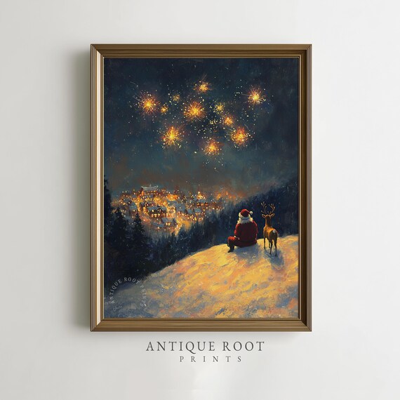 Santa and Reindeer Watching Holiday Fireworks Snowy Night Art Print