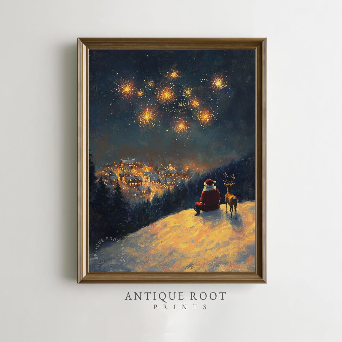 Santa and Reindeer Watching Holiday Fireworks Snowy Night Art Print