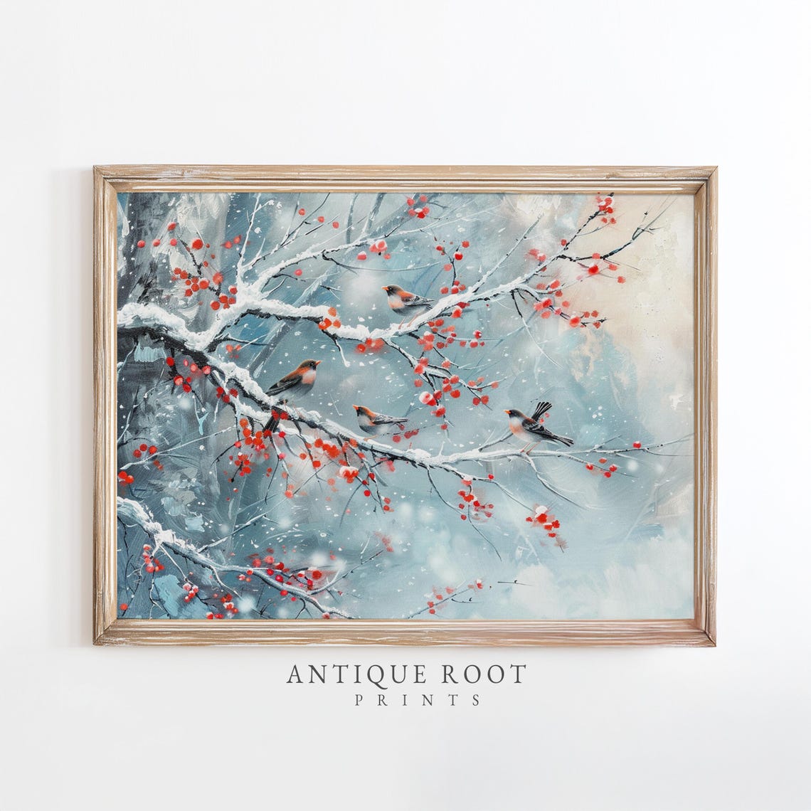 Birds on Snowy Branches Red Berries Winter Watercolor Poster