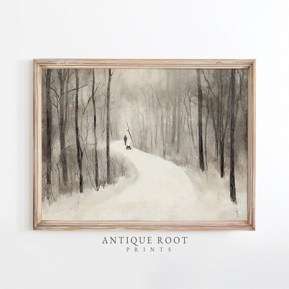 Winter Forest Walk Watercolor Art Print Moody Minimalist Landscape Neutral Rustic Decor Serene Scene Instant