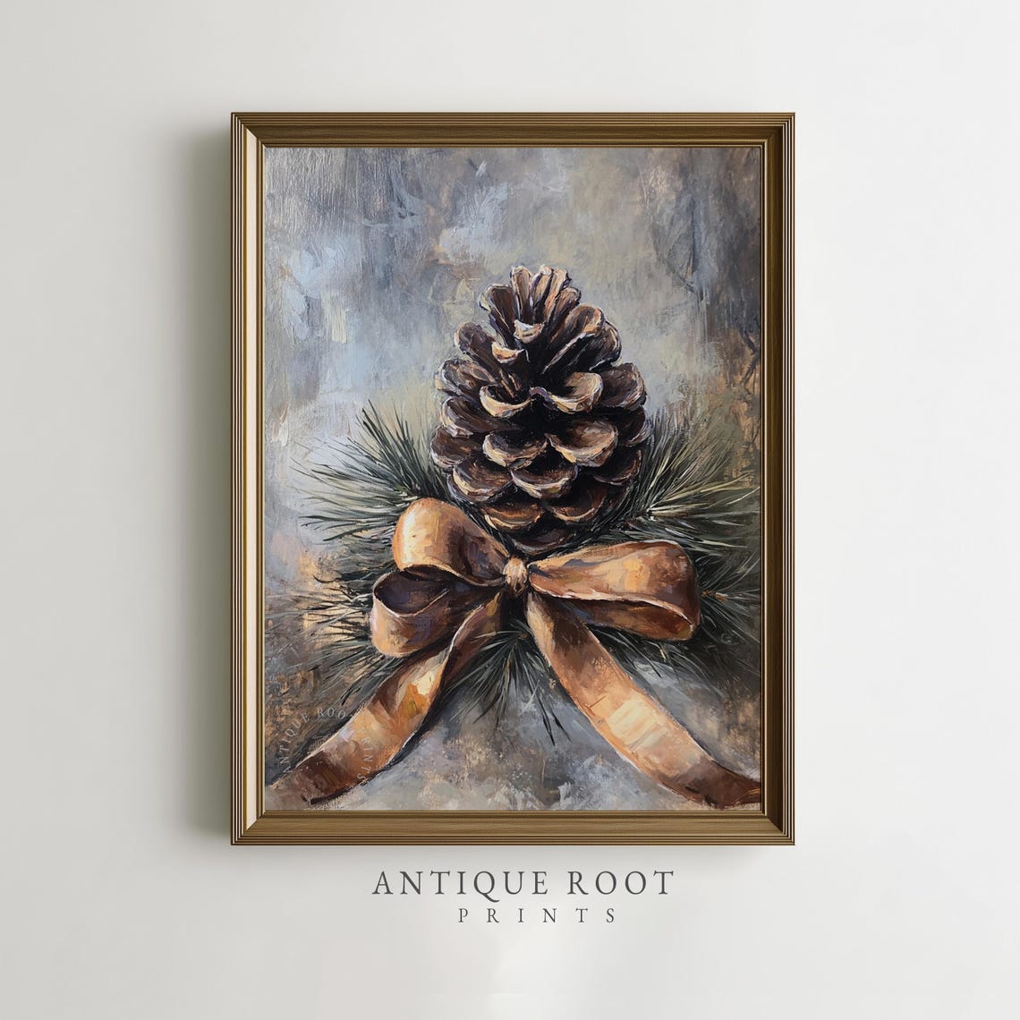 Rustic Pine Cone With Gold Ribbon Vintage Holiday Still Life Print