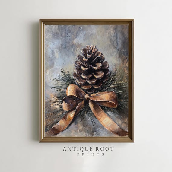 Rustic Pine Cone With Ribbon Vintage Holiday Wall Art Cozy Farmhouse Decor Traditional Still Life 240