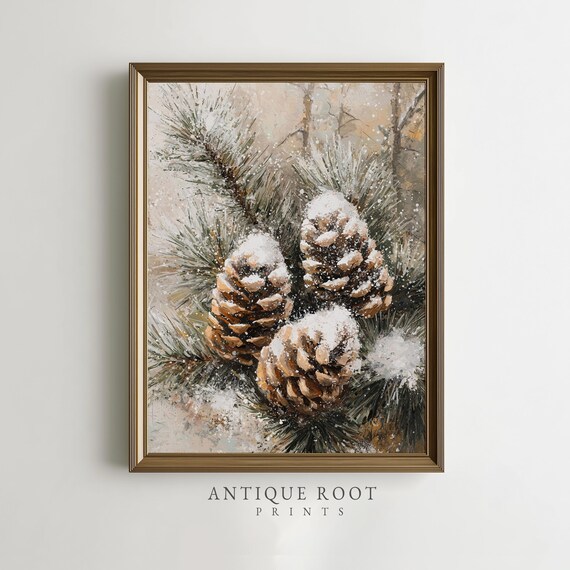 Snowy Pine Cones Winter Botanical Rustic Farmhouse Watercolor Art Print