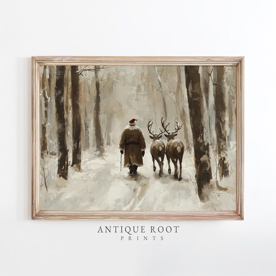 Santa Claus and Reindeer in Winter Forest Christmas Art Poster
