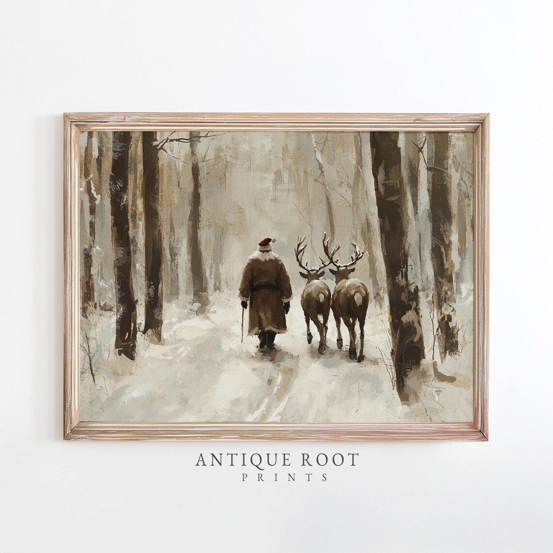 Santa Claus and Reindeer in Winter Forest Christmas Art Poster