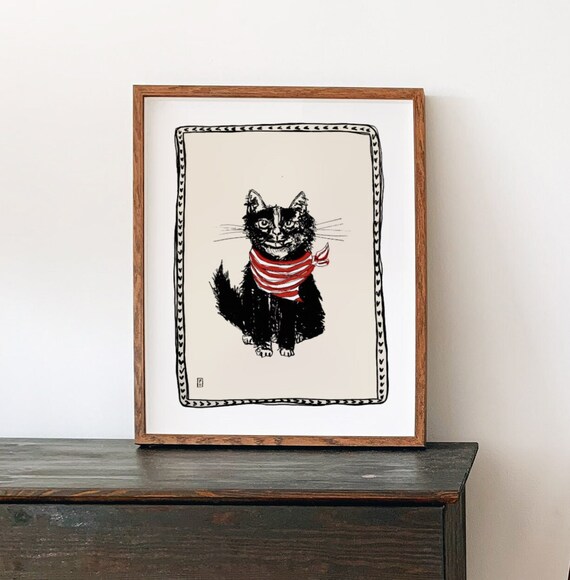 Cat In Scarf Black Cat With Red Striped Scarf Sketch Art Poster
