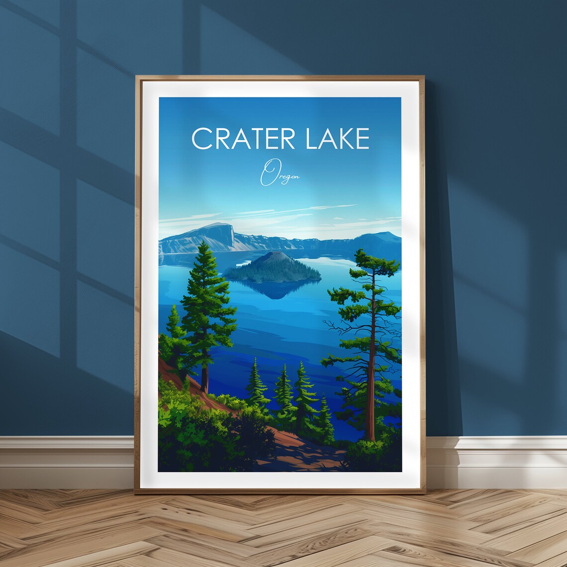 Crater Lake Oregon Blue Water Wizard Island Pines Travel Poster