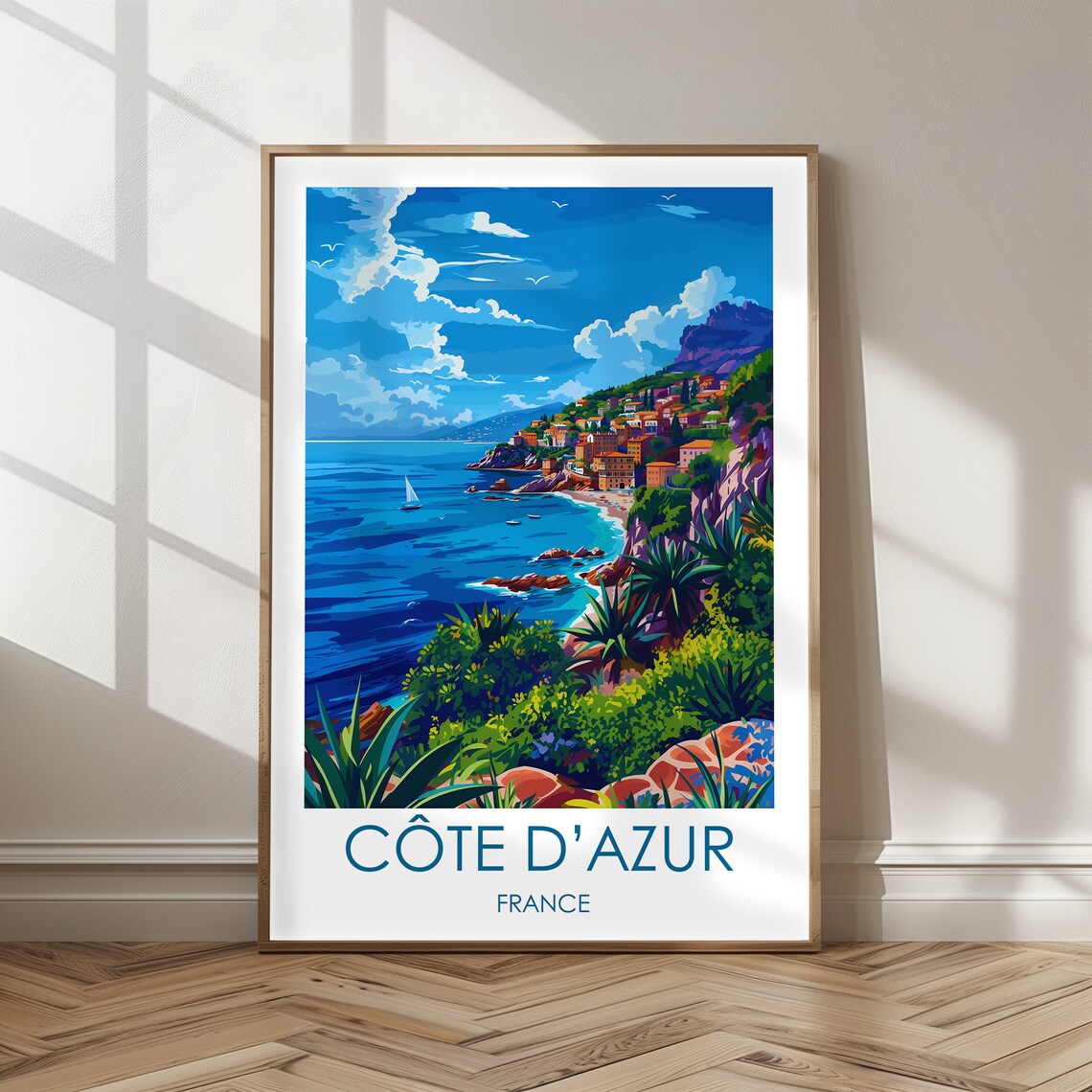 Côte d'Azur France Cliffside Coast Sailboats Blue Sea Travel Poster