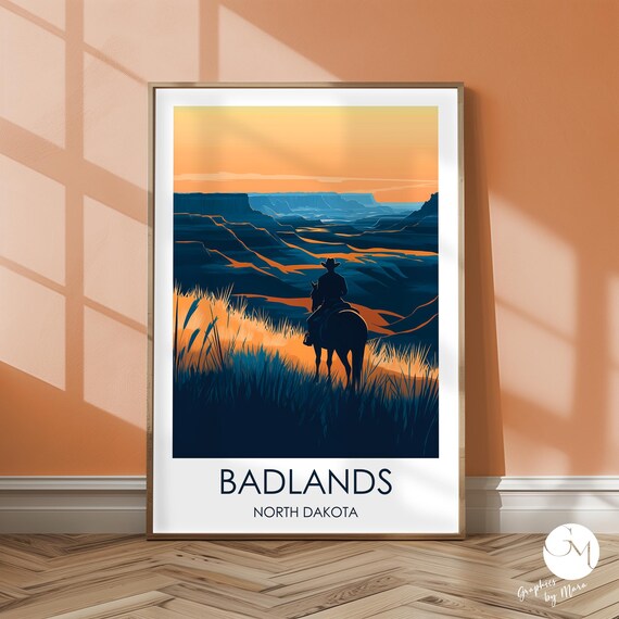Badlands North Dakota Cowboy Silhouette Sunrise Canyon Travel Poster
